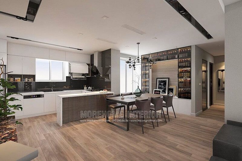 Thiết kế phòng bếp chung cư đẹp với hệ tủ bếp acrylic thông minh cùng bộ bàn ăn gỗ tự nhiện được nhiều gia chủ yêu thích và hướng đến