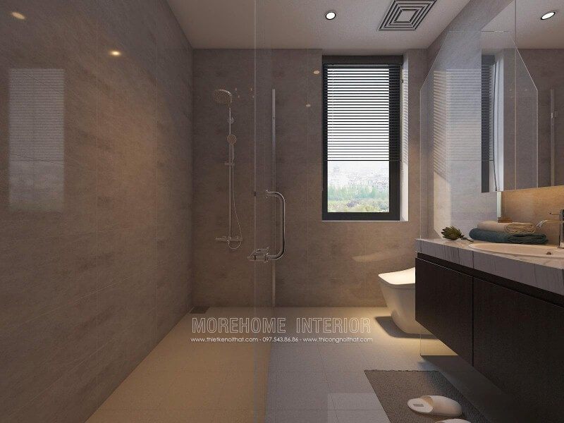 Phòng tắm kính 135 độ với bố trí khoa học giúp không gian phòng tắm nhỏ trở nên thông thoáng nhưng vẫn đảm bảo tiện nghi.