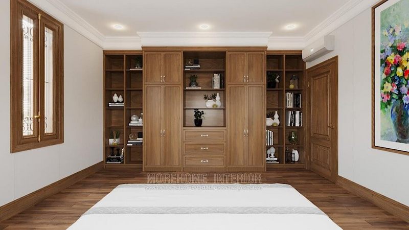 Kệ gỗ trang trí kết hợp với tủ quần áo 2 cánh sang trọng hiện đại