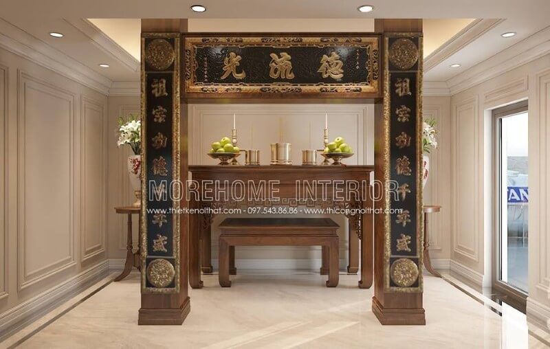 Thiết kế phòng thờ biệt thự đẹp mang đậm phong cách truyền thống hiện nay, các đường nét được chạm khắc tỉ mỉ, tinh tế tạo nên không gian thờ cúng sang trọng và linh thiêng