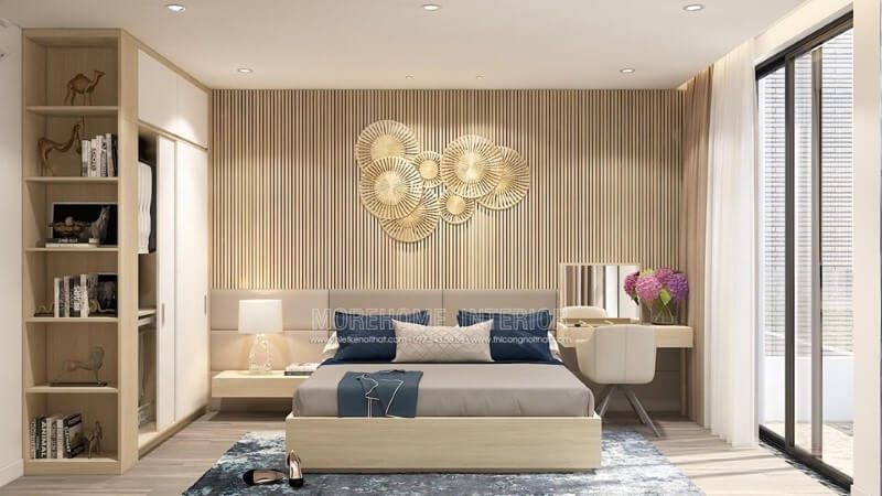 Nhà phố Trương Định được thiết kế nội thất phòng ngủ gỗ hiện đại với màu nâu sáng.